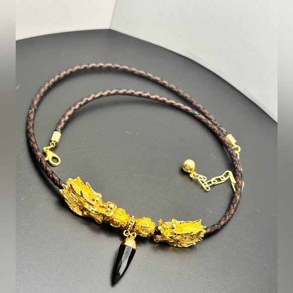 DRAGONS HEAD + ONYX NATURAL CHOKER NECKLACE size adjustable - Picture 7 of 11